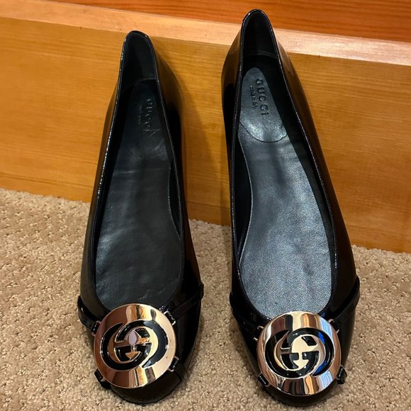 NEW WITH BOX Gucci Black Patent Leather GG Logo Ballet Flats for Women Size 39 - Picture 9 of 14
